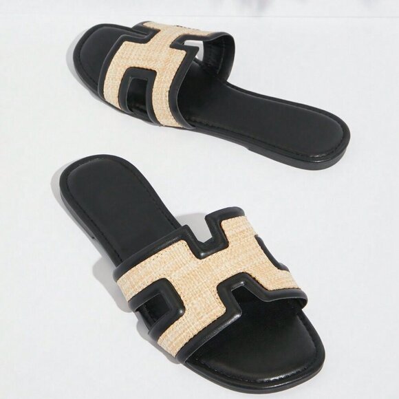 Black Bohemian Women's Color Block Flat Sandals - Picture 2 of 5